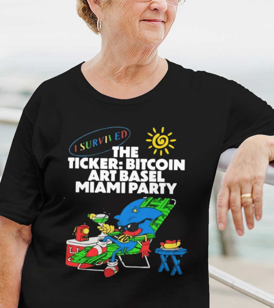 I Survived The Ticker Bitcoin Art Basel Miami Party Lounge Character Sun Cocktail T-Shirt
