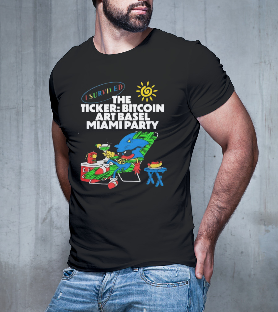I Survived The Ticker Bitcoin Art Basel Miami Party Lounge Character Sun Cocktail T-Shirt