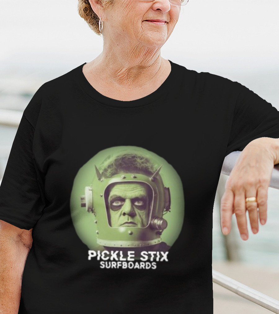 PICKLE STIX SURFBOARDS SPACEMAN HELMET GREEN BACKGROUND T-Shirt
