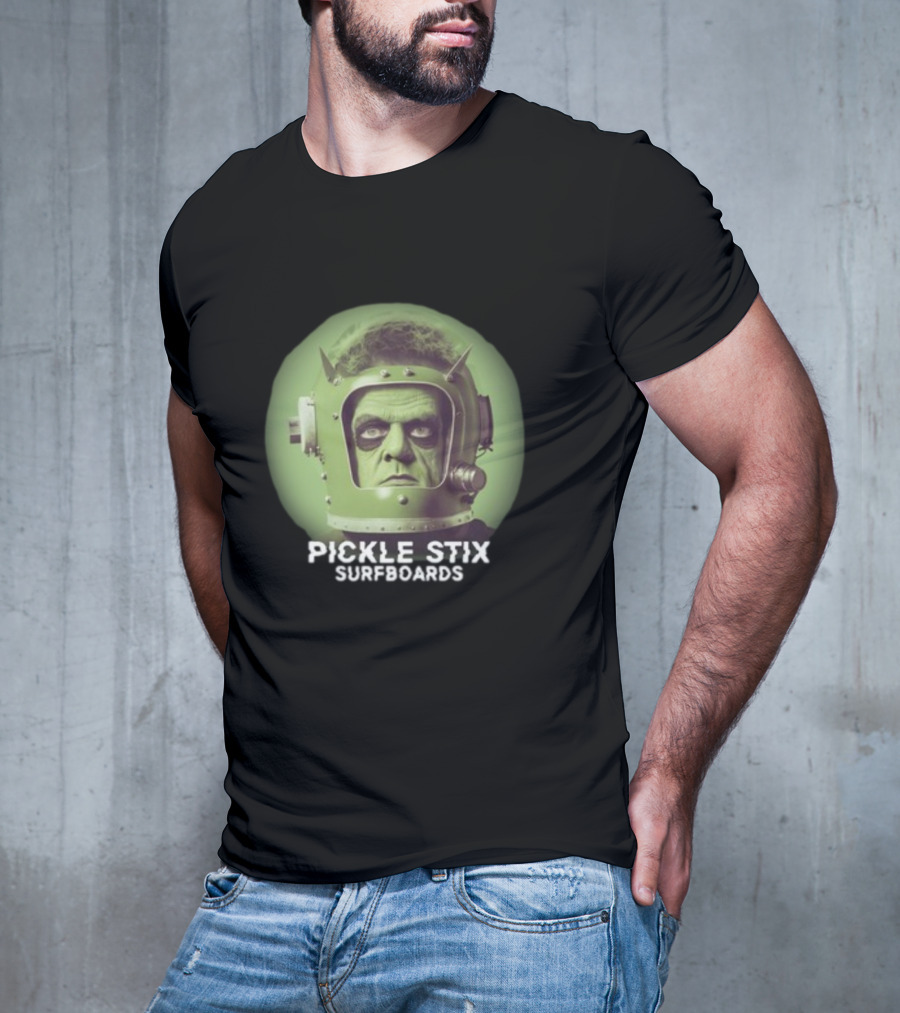 PICKLE STIX SURFBOARDS SPACEMAN HELMET GREEN BACKGROUND T-Shirt