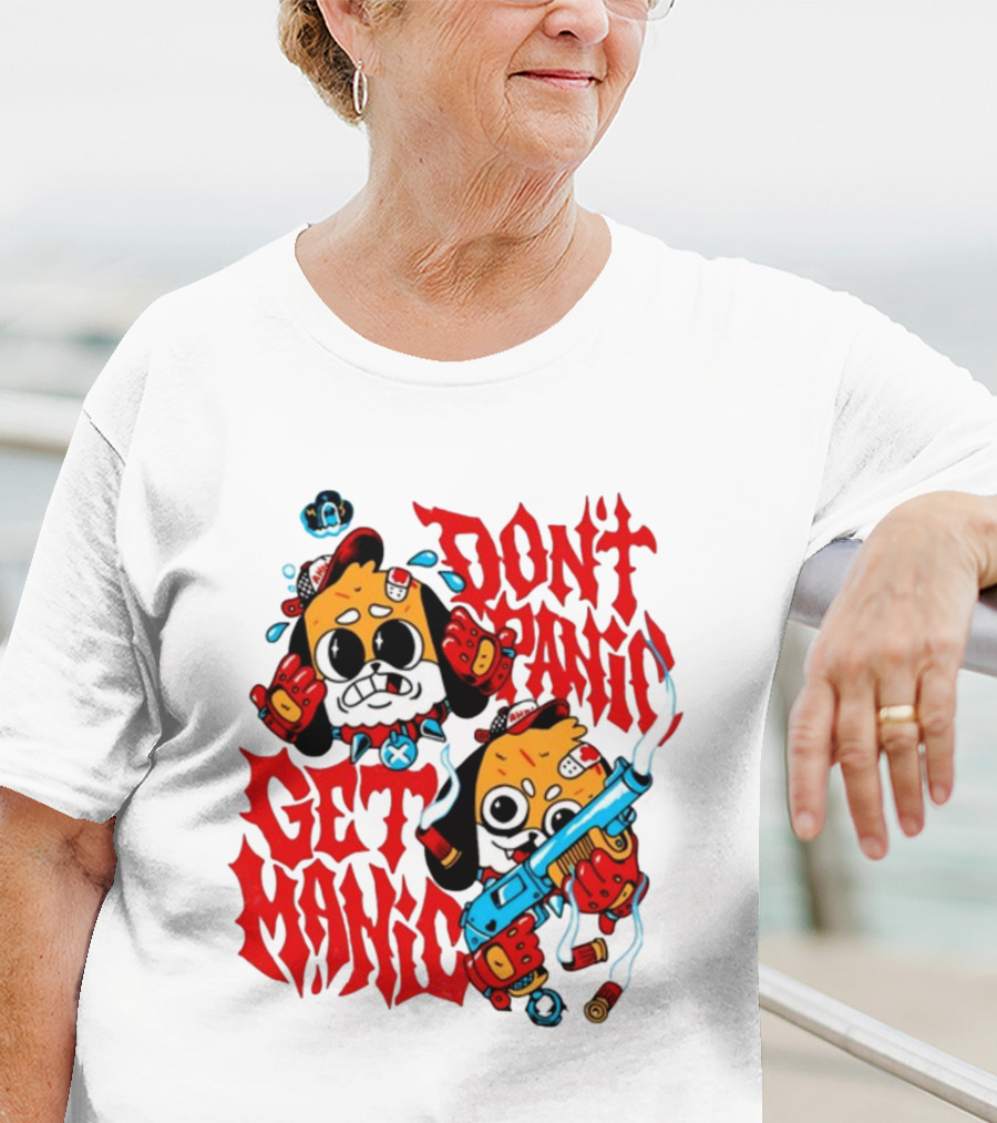 Don't Panic Get Manic Cartoon Characters With Colorful Styling And Playful T-Shirt