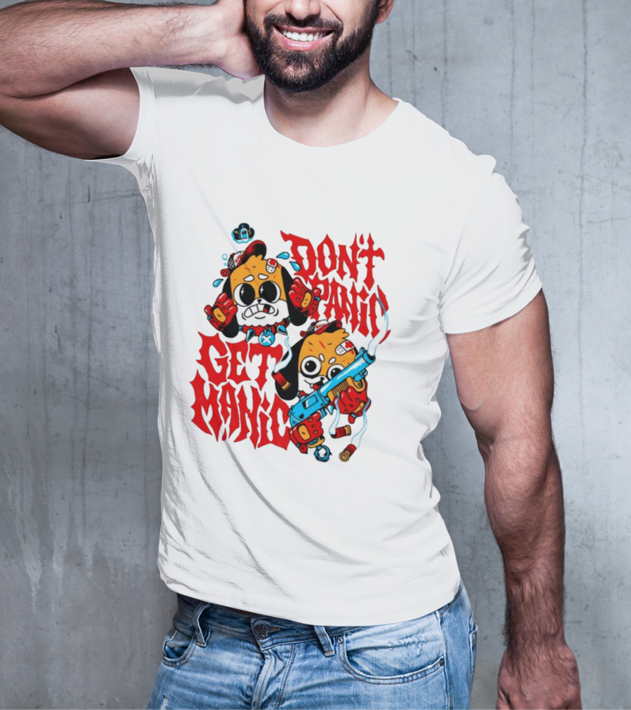 Don't Panic Get Manic Cartoon Characters With Colorful Styling And Playful T-Shirt