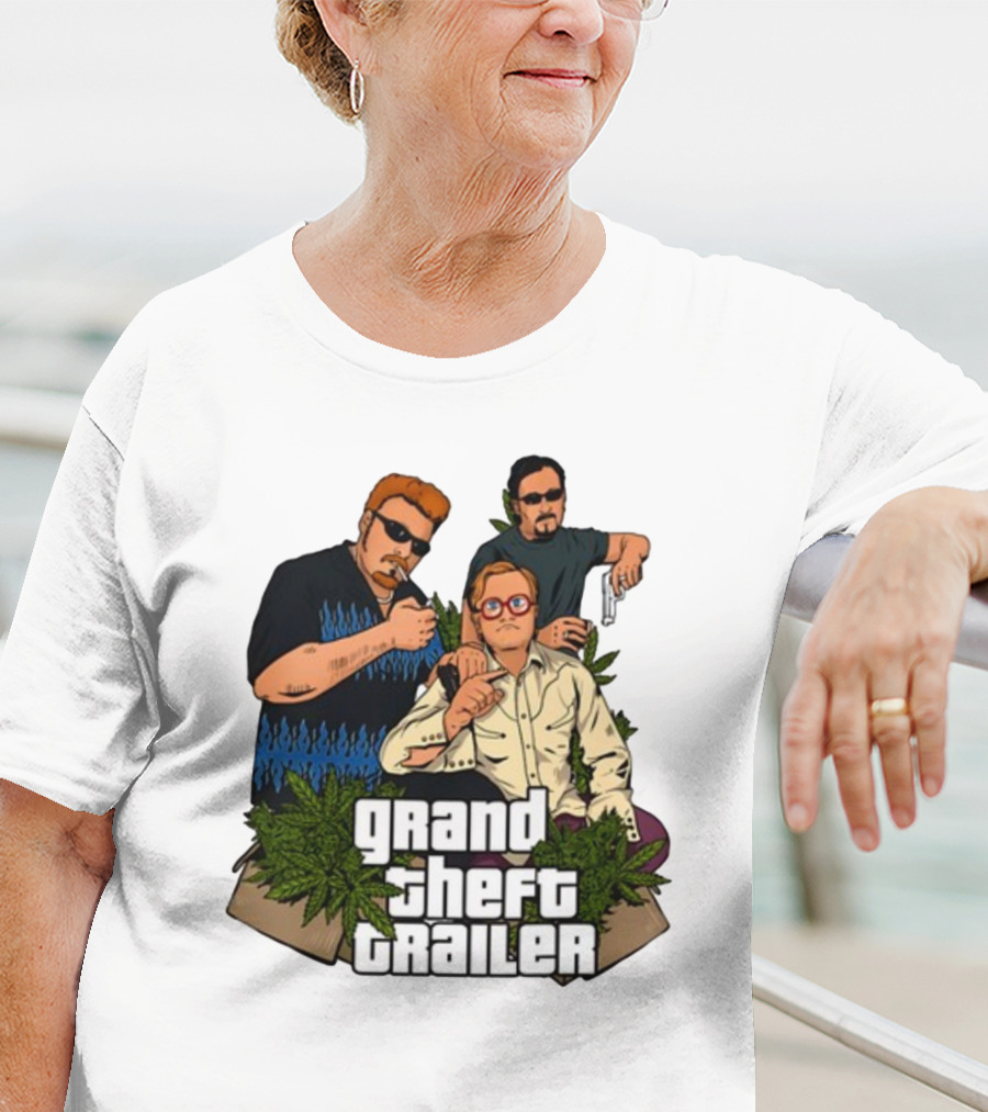 Grand Theft Trailer Cannabis Comedy Trio With Sunglasses And Pistol T-Shirt