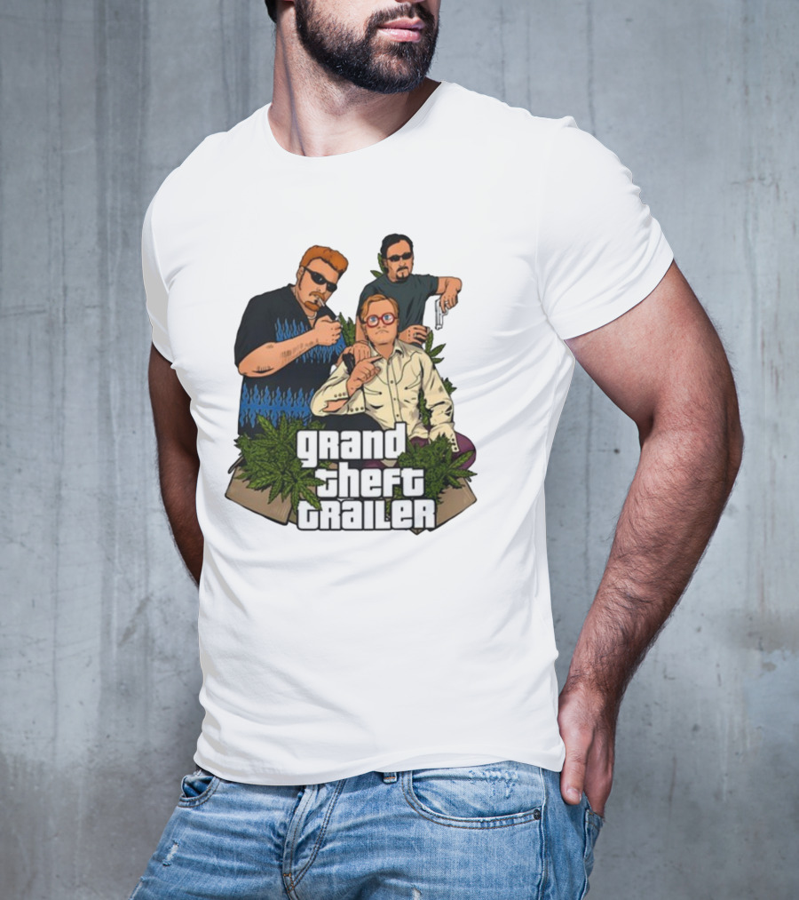 Grand Theft Trailer Cannabis Comedy Trio With Sunglasses And Pistol T-Shirt
