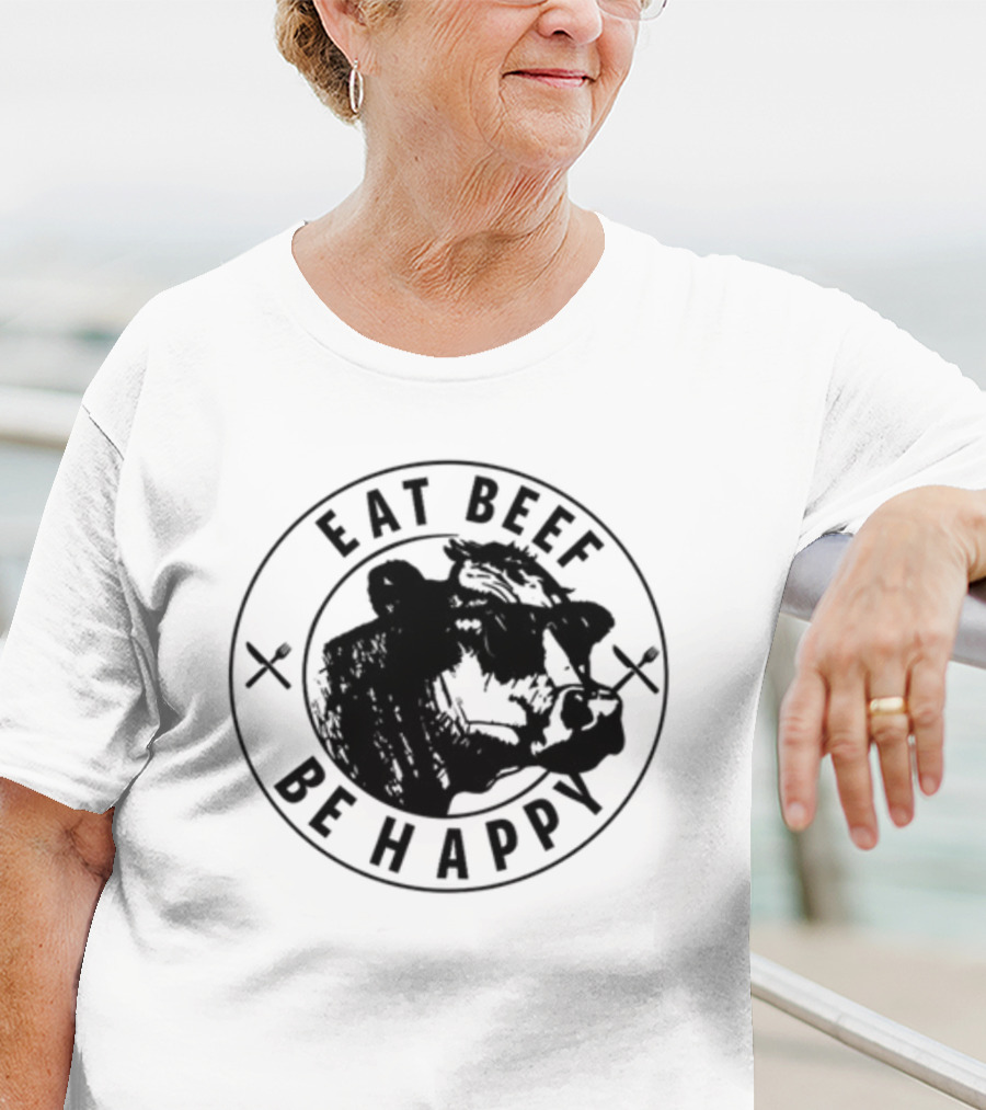 Dr Shawn Baker Eat Beef Be Happy Cow Illustration With Crossed Utensils T-Shirt