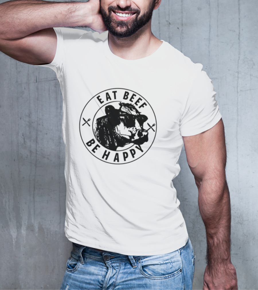 Dr Shawn Baker Eat Beef Be Happy Cow Illustration With Crossed Utensils T-Shirt