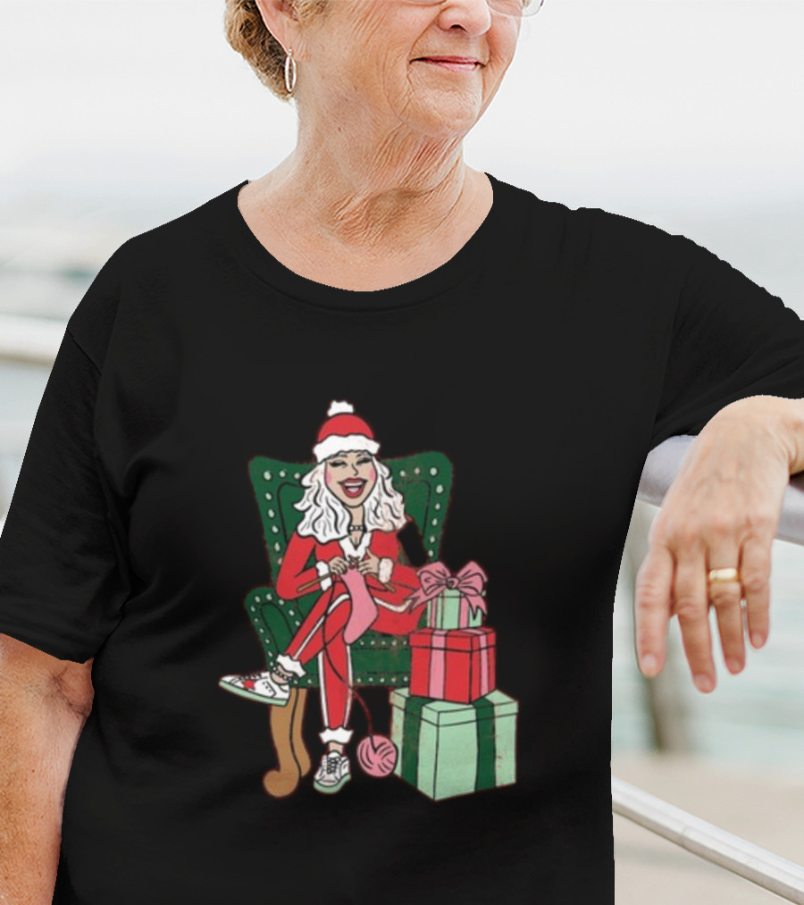 Fleece Navidad Merry Christmas Santa Woman Knitting Presents T-Shirt