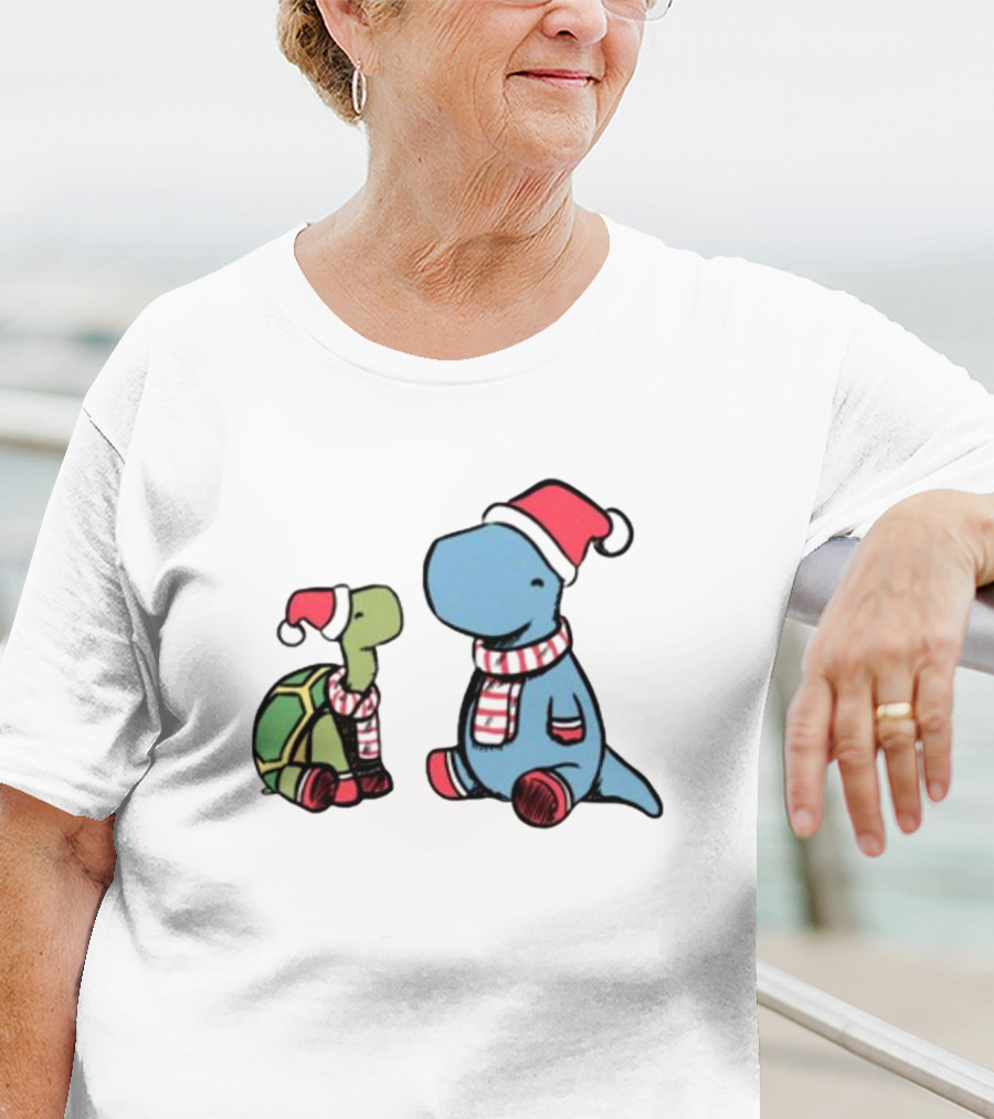 Christmas Tortoise And Dino Santa Hats And Scarves T-Shirt