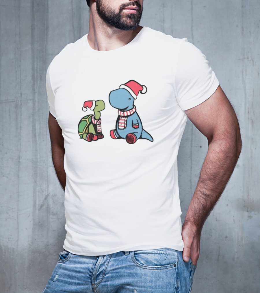 Christmas Tortoise And Dino Santa Hats And Scarves T-Shirt