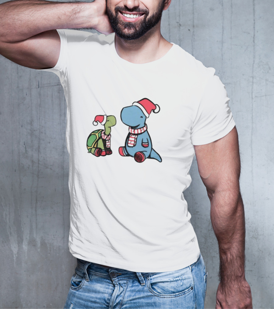 Christmas Tortoise And Dino Santa Hats And Scarves T-Shirt