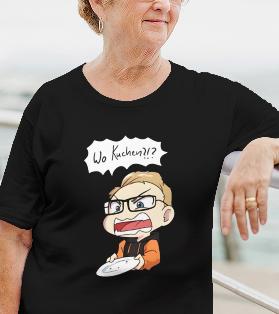 Wo Kuchen?? Comic Character Holding Empty Plate T-Shirt