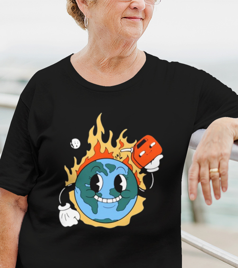 World On Fire Earth Cartoon Holding Gas Can Burning T-Shirt
