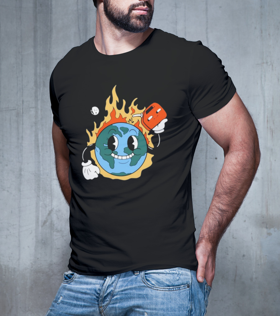 World On Fire Earth Cartoon Holding Gas Can Burning T-Shirt