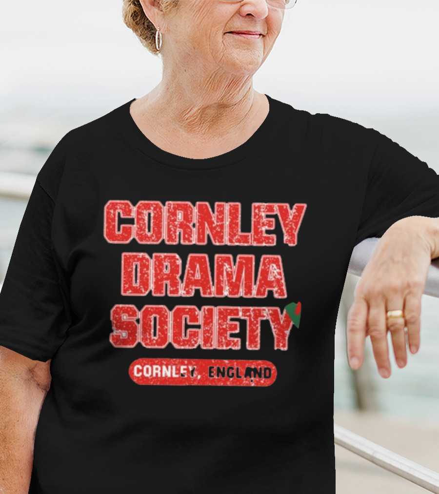 Cornley Drama Society England Red Distressed Text With Holly Leaf T-Shirt