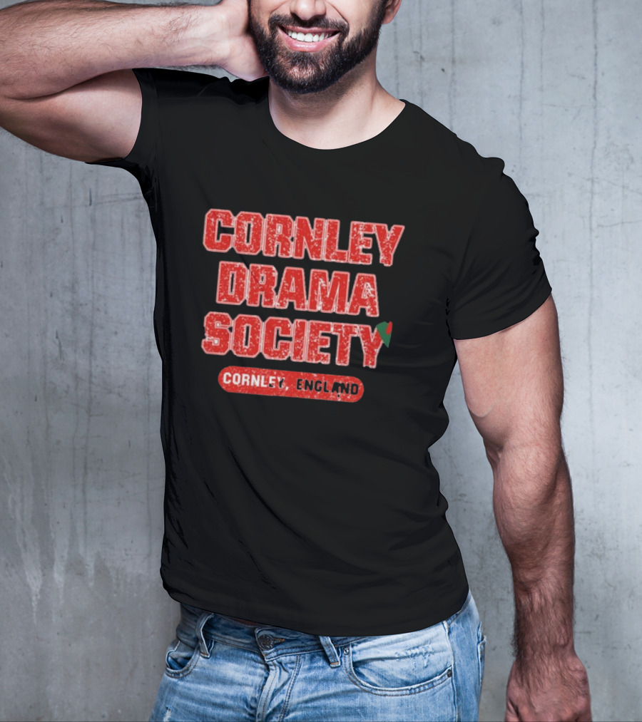 Cornley Drama Society England Red Distressed Text With Holly Leaf T-Shirt