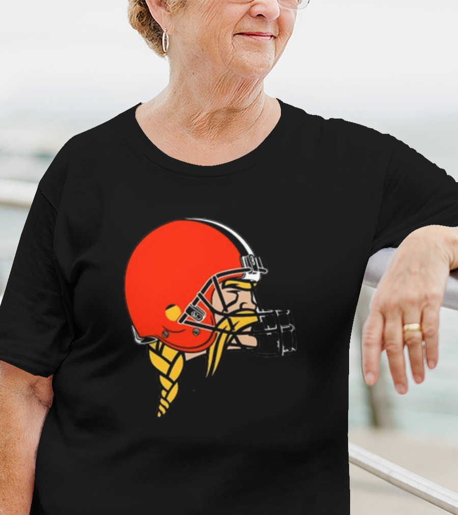 Vikings Helmet Featuring Browns Colors And Iconic Braided Warrior T-Shirt