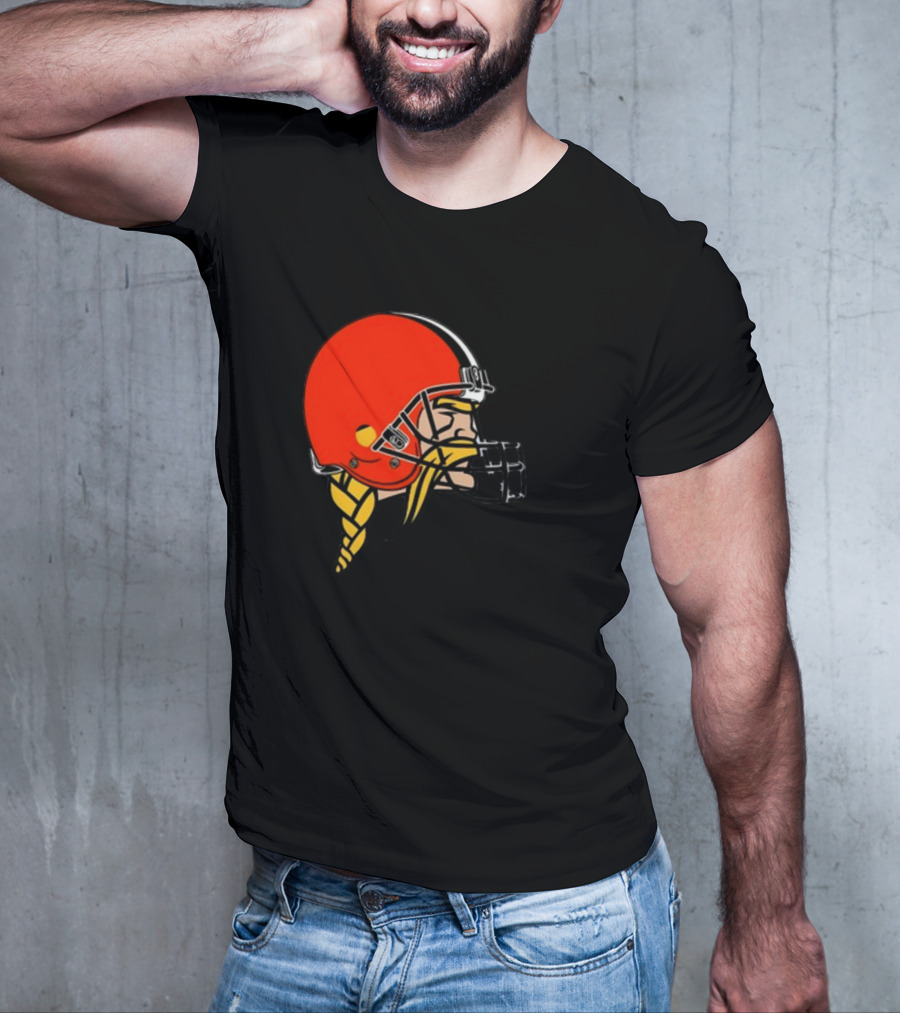 Vikings Helmet Featuring Browns Colors And Iconic Braided Warrior T-Shirt