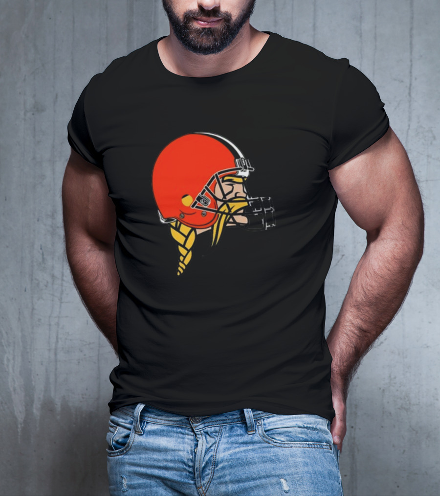 Vikings Helmet Featuring Browns Colors And Iconic Braided Warrior T-Shirt