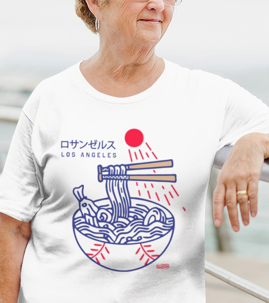 Los Angeles Ramen Bowl With Chopsticks Under Red Sun - Intheclutch Chavez T-Shirt