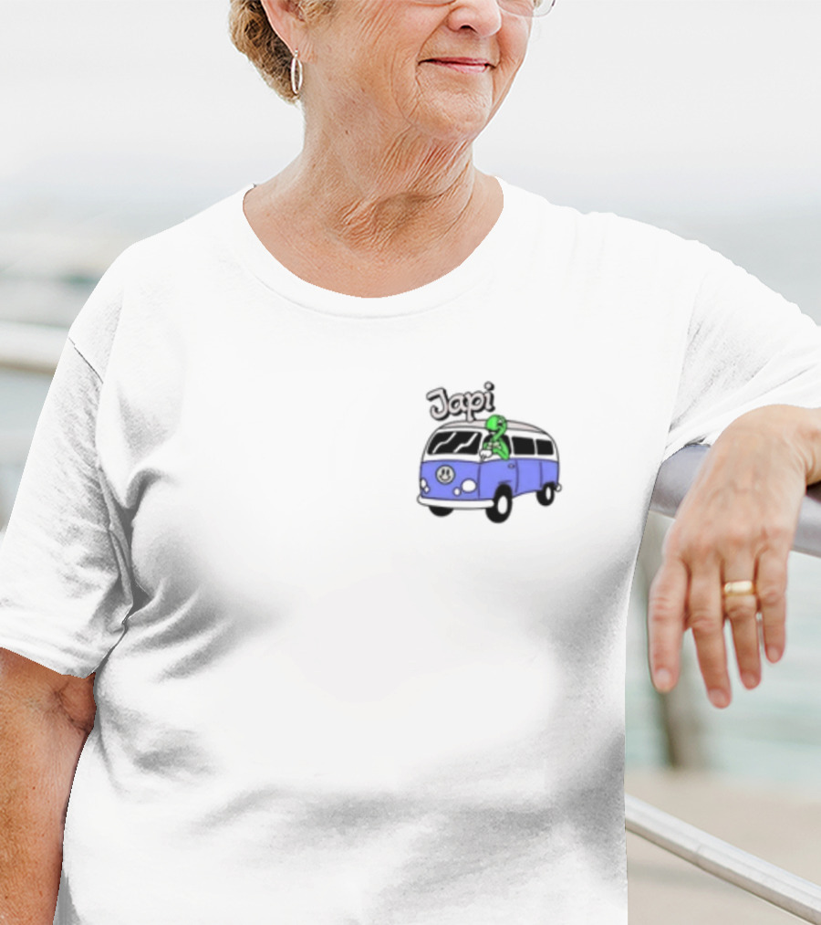 Japi Alien Character Surfer Riding Blue Peace Bus T-Shirt