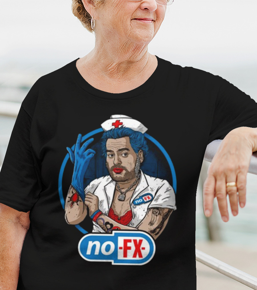 NOFX Blue Haired Nurse Mike Character In Red Lingerie With Tattoos And Blue Glove T-Shirt