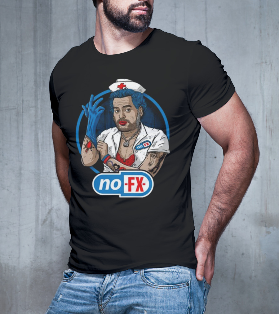 NOFX Blue Haired Nurse Mike Character In Red Lingerie With Tattoos And Blue Glove T-Shirt
