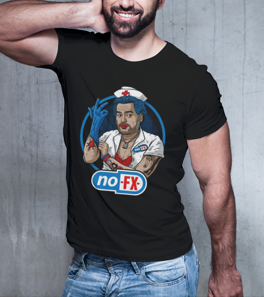 NOFX Blue Haired Nurse Mike Character In Red Lingerie With Tattoos And Blue Glove T-Shirt