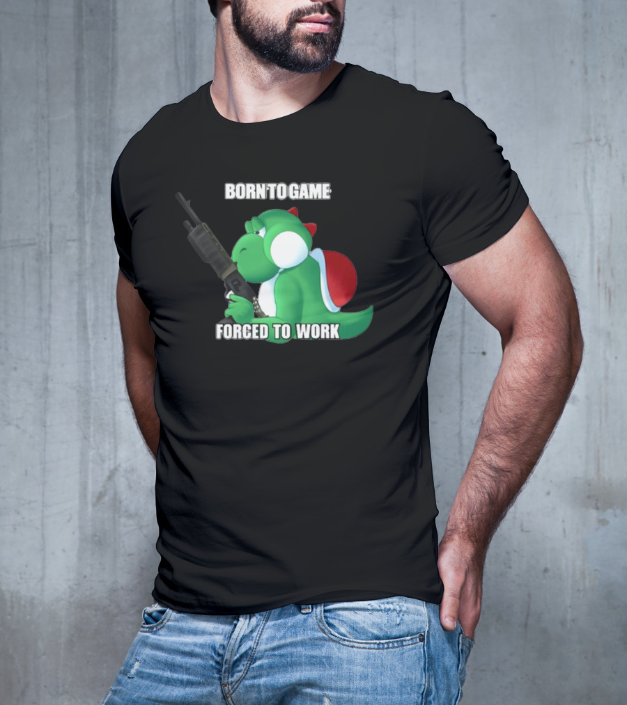 Born To Game Forced To Work Green Dinosaur Headphones Gaming Character T-Shirt