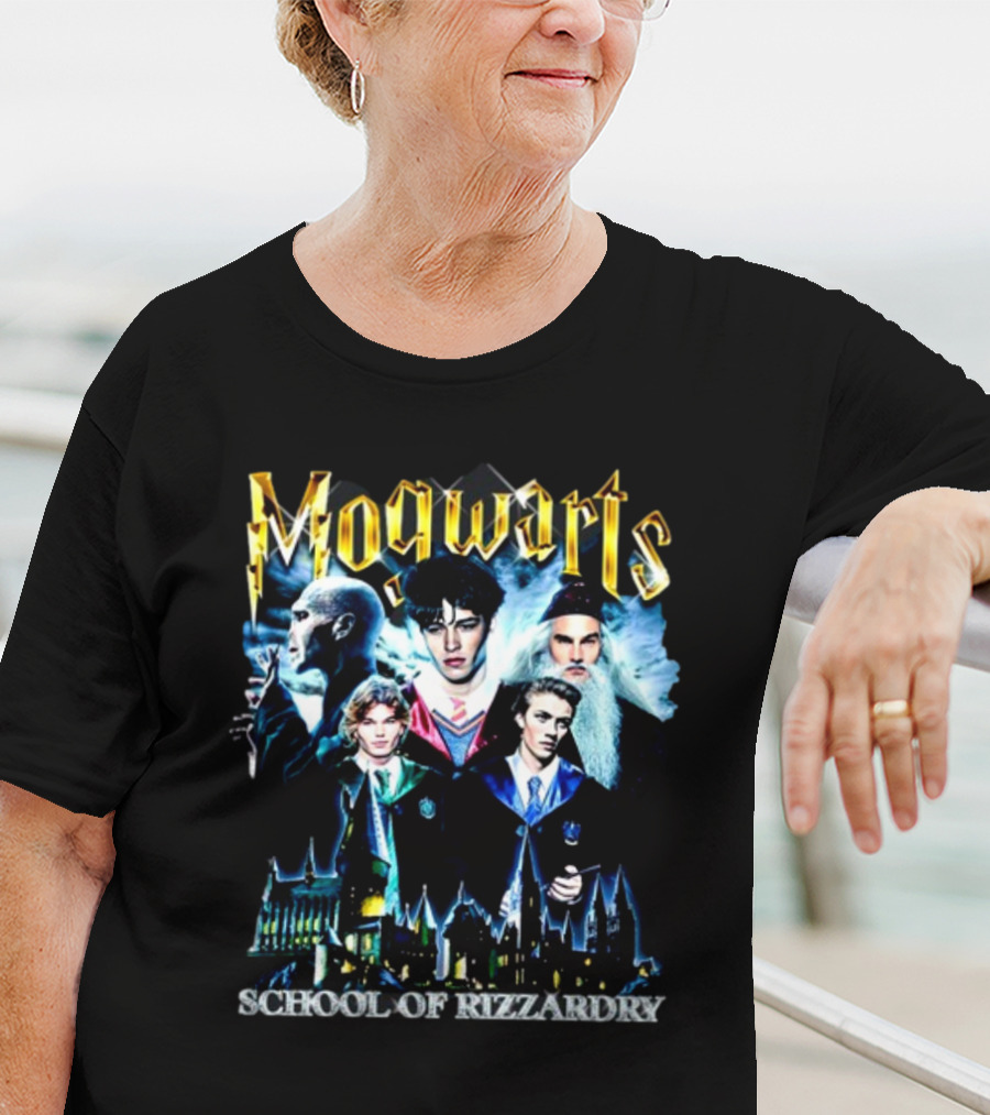 Mogwarts School Of Rizzardry Hogwarts Parody Featuring Iconic Wizard Figures And Castle T-Shirt