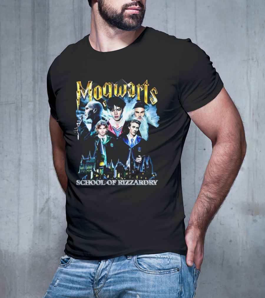 Mogwarts School Of Rizzardry Hogwarts Parody Featuring Iconic Wizard Figures And Castle T-Shirt