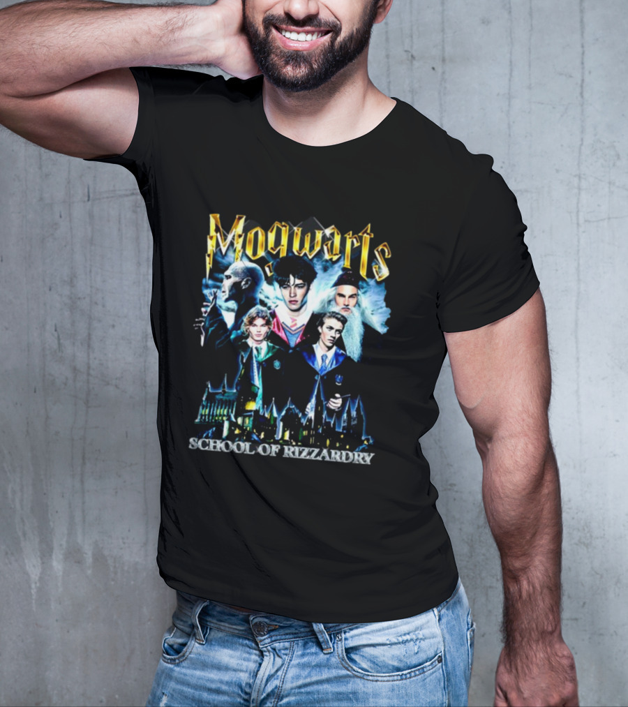 Mogwarts School Of Rizzardry Hogwarts Parody Featuring Iconic Wizard Figures And Castle T-Shirt