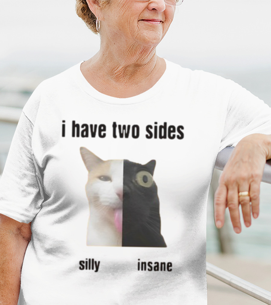 I Have Two Sides Silly Insane Cat Face Split T-Shirt