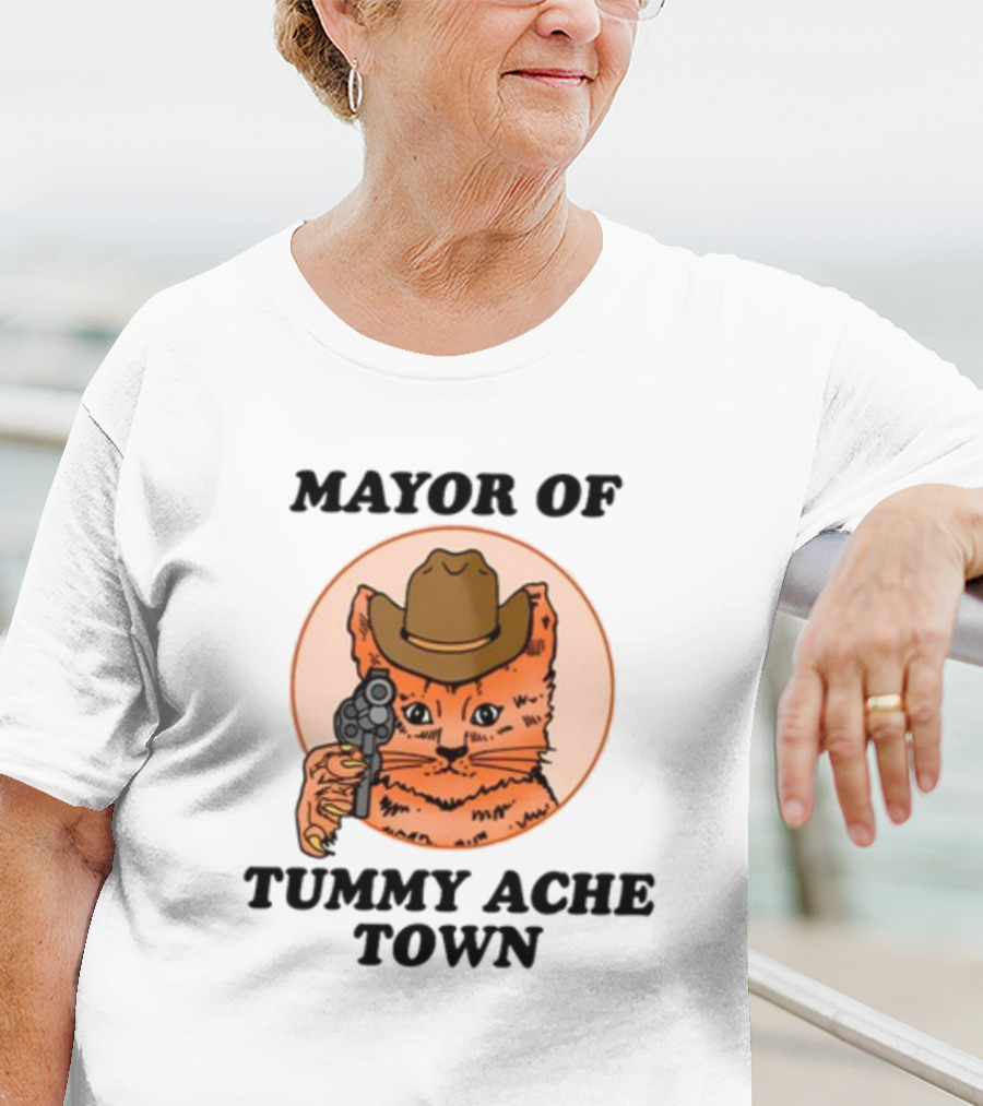 Mayor Of Tummy Ache Town Cat With Cowboy Hat And Gun T-Shirt