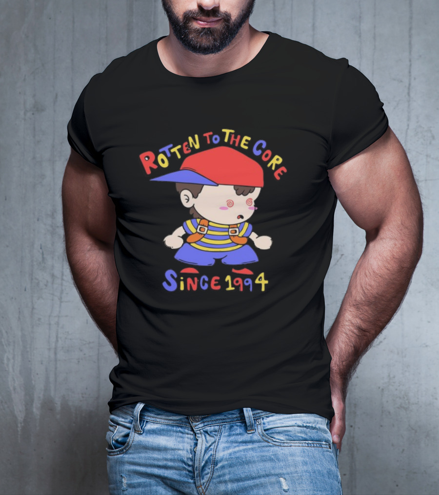 Rotten To The Core Since 1994 Cartoon Character With Red Cap And Striped T-Shirt