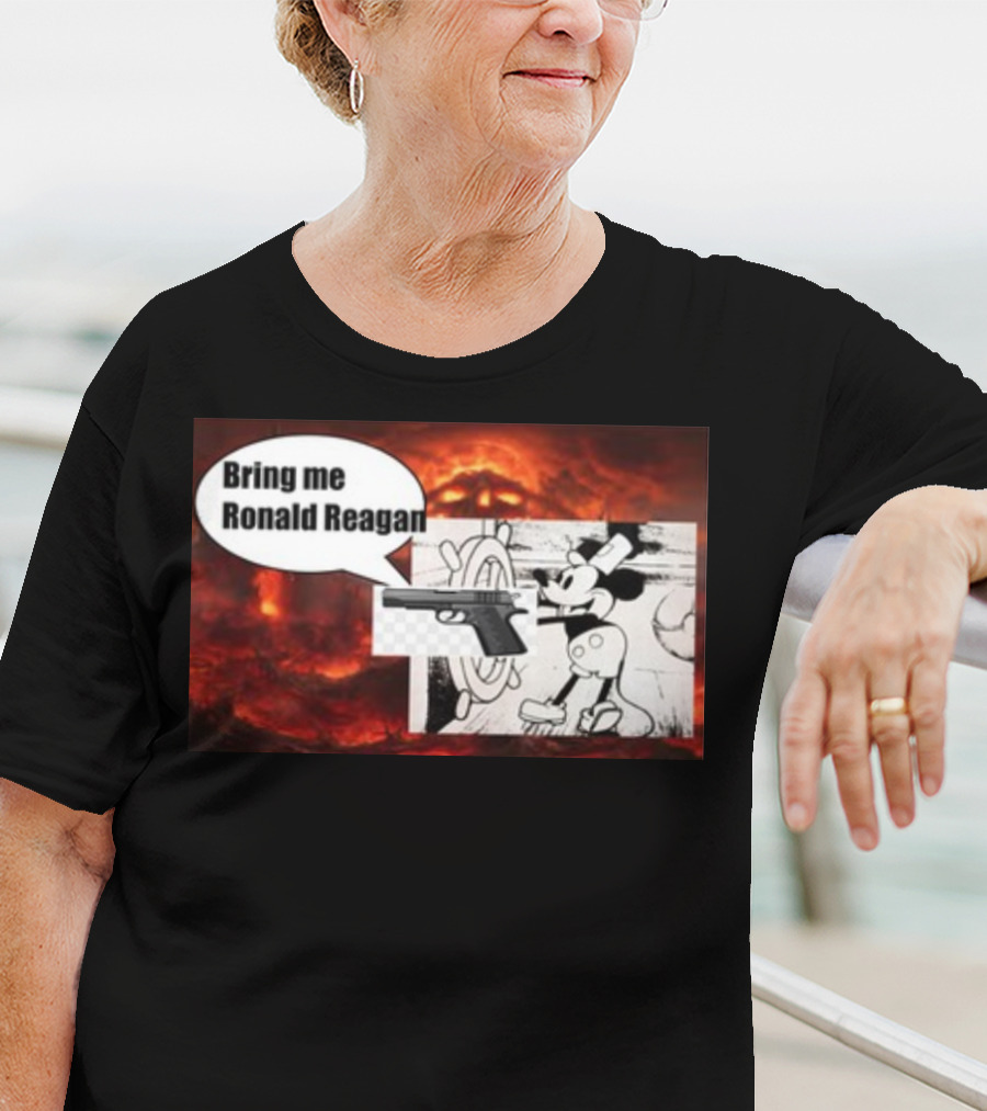 Bring Me Ronald Reagan Cartoon Character And Gun Over Fiery Background T-Shirt
