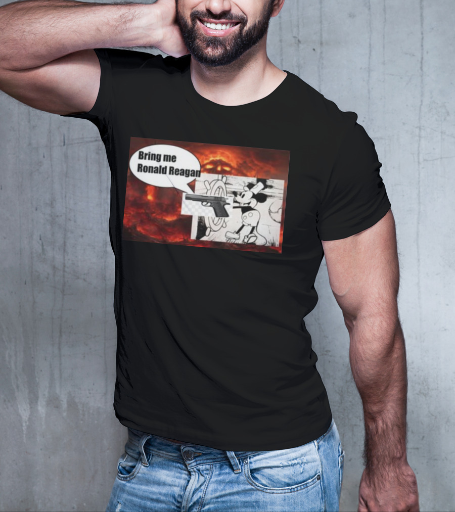 Bring Me Ronald Reagan Cartoon Character And Gun Over Fiery Background T-Shirt