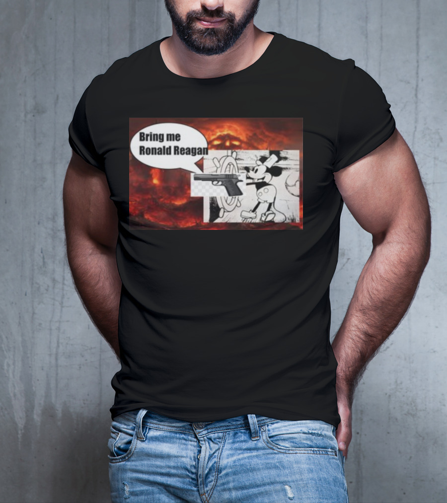 Bring Me Ronald Reagan Cartoon Character And Gun Over Fiery Background T-Shirt