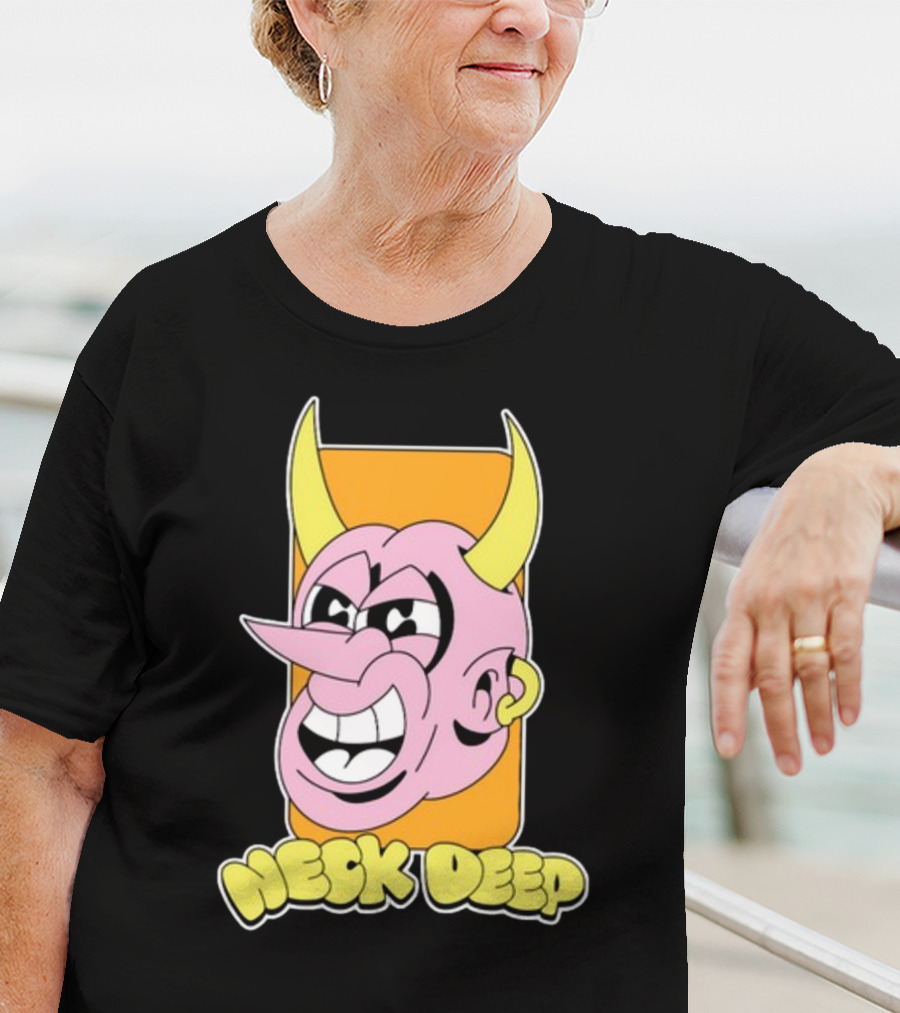 NeckDeepUK Neck Deep Cartoon Devil Face Yellow Horns Pink Head T-Shirt