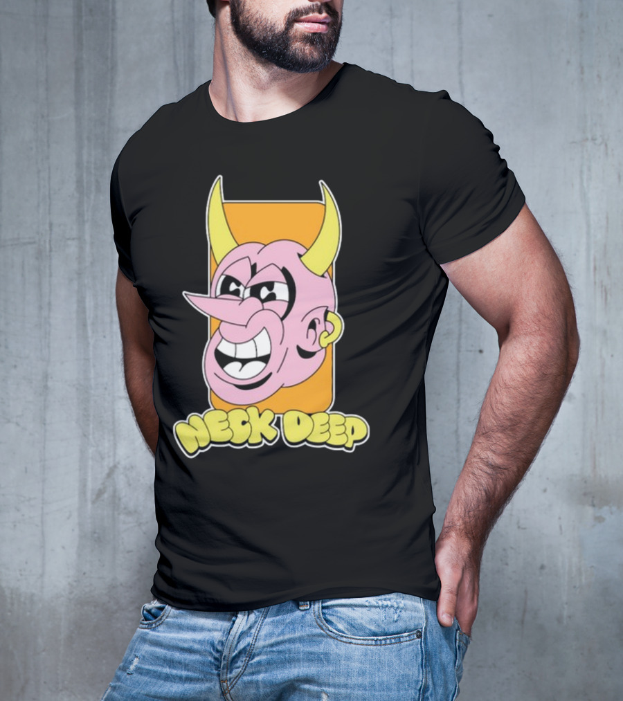 NeckDeepUK Neck Deep Cartoon Devil Face Yellow Horns Pink Head T-Shirt