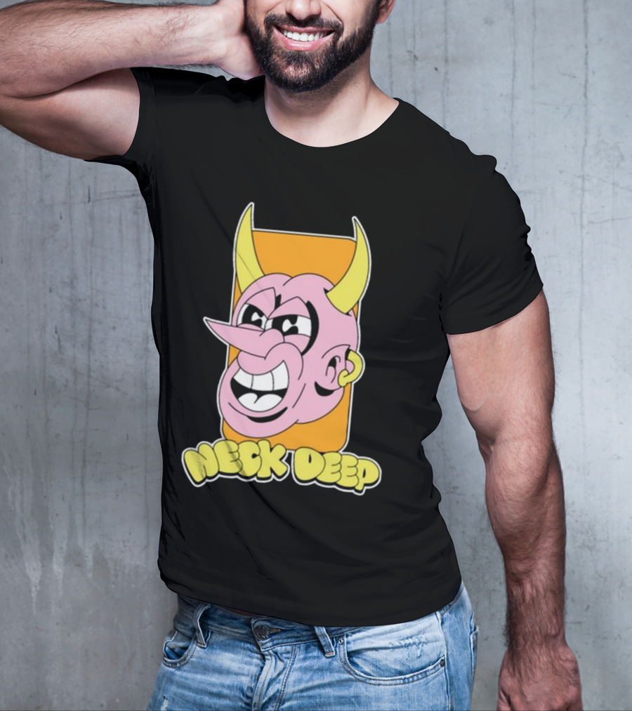 NeckDeepUK Neck Deep Cartoon Devil Face Yellow Horns Pink Head T-Shirt