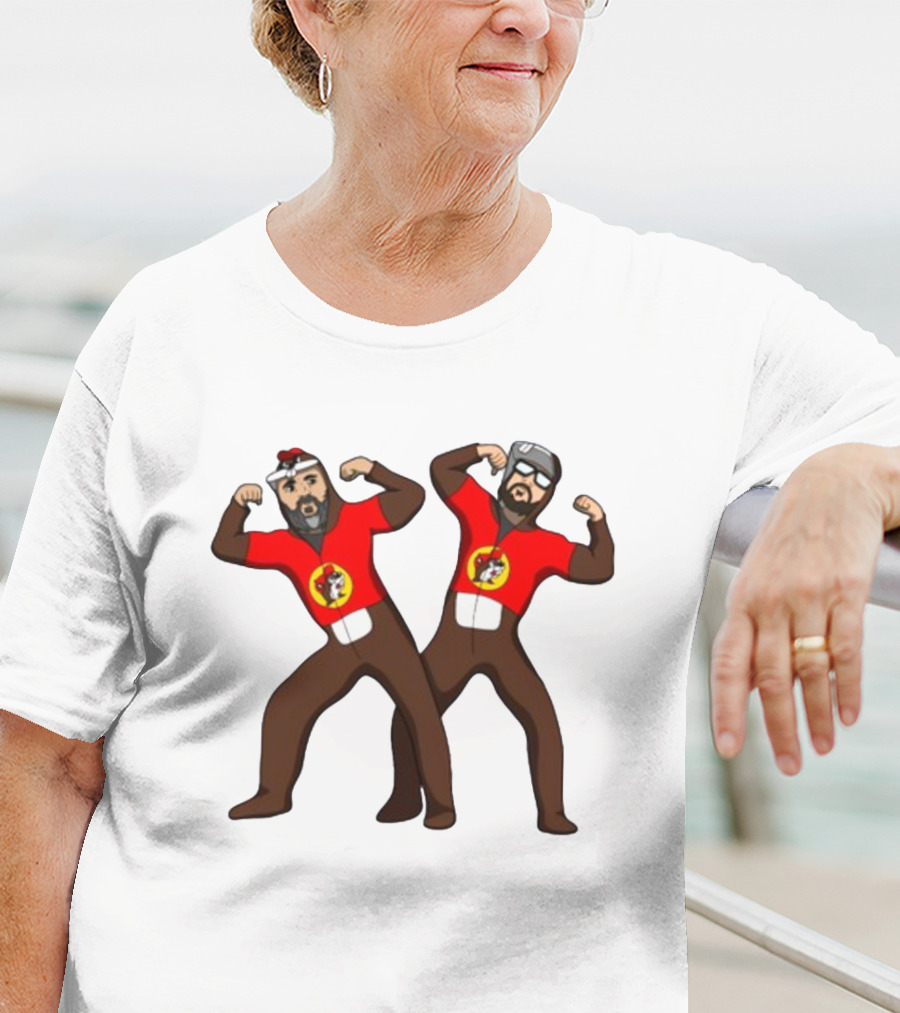 The Young Buc-Ees Wrestling Pose Characters With Beards And Red T-Shirt
