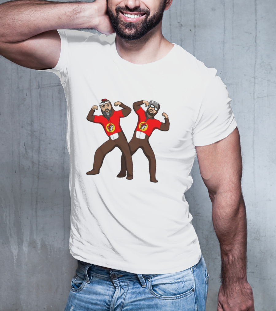 The Young Buc-Ees Wrestling Pose Characters With Beards And Red T-Shirt