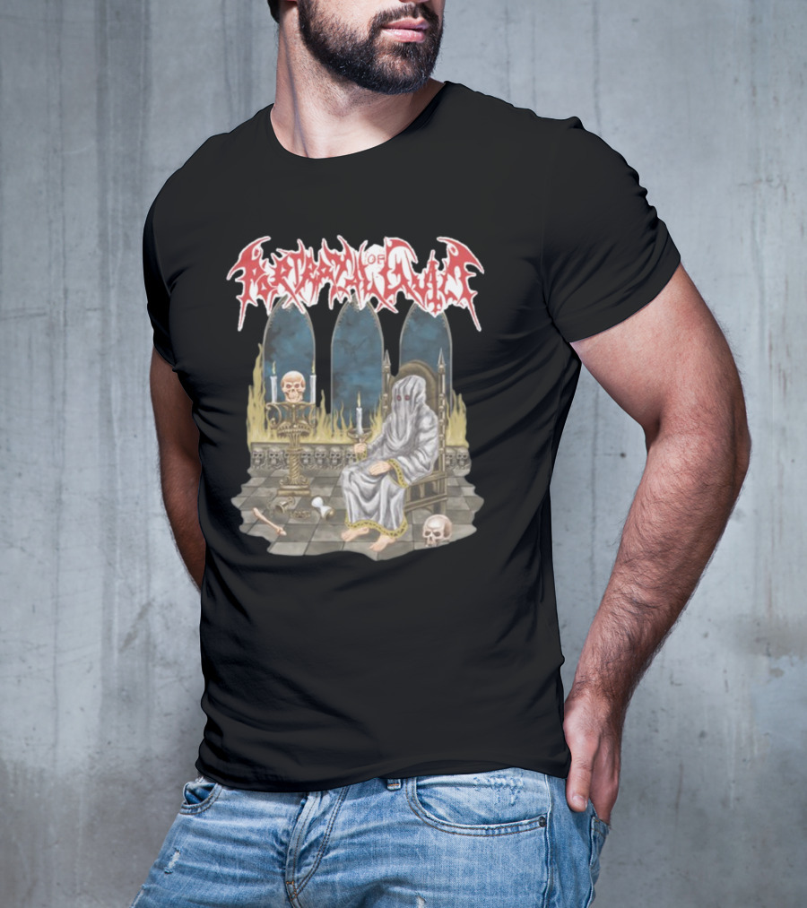 Portrayal Of Guilt Eyedust Cloaked Figure With Skull Throne And Candles T-Shirt