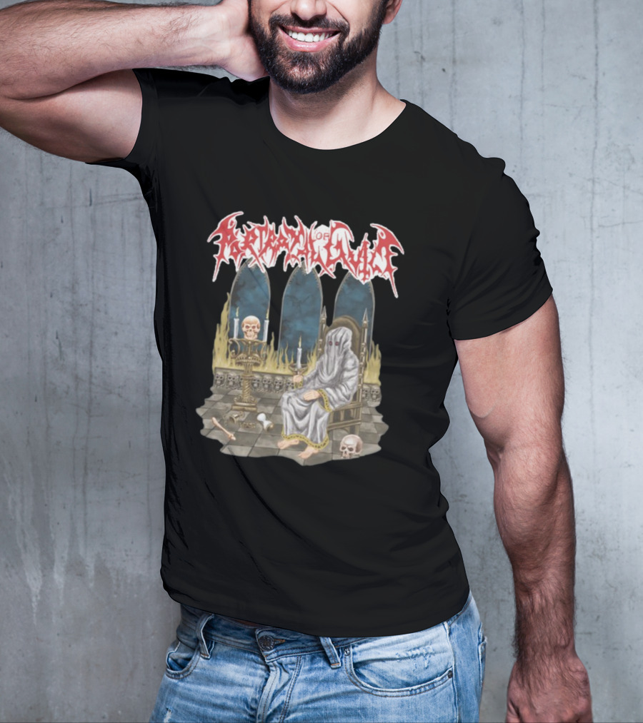Portrayal Of Guilt Eyedust Cloaked Figure With Skull Throne And Candles T-Shirt