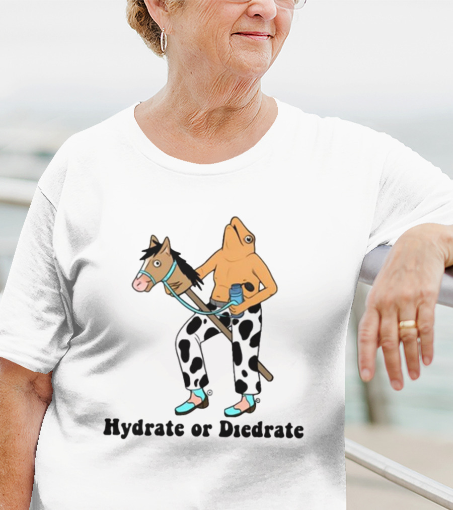 Hydrate Or Diedrate Frog Head On Human Riding Stick Horse With Cow Pants And Water Bottle T-Shirt