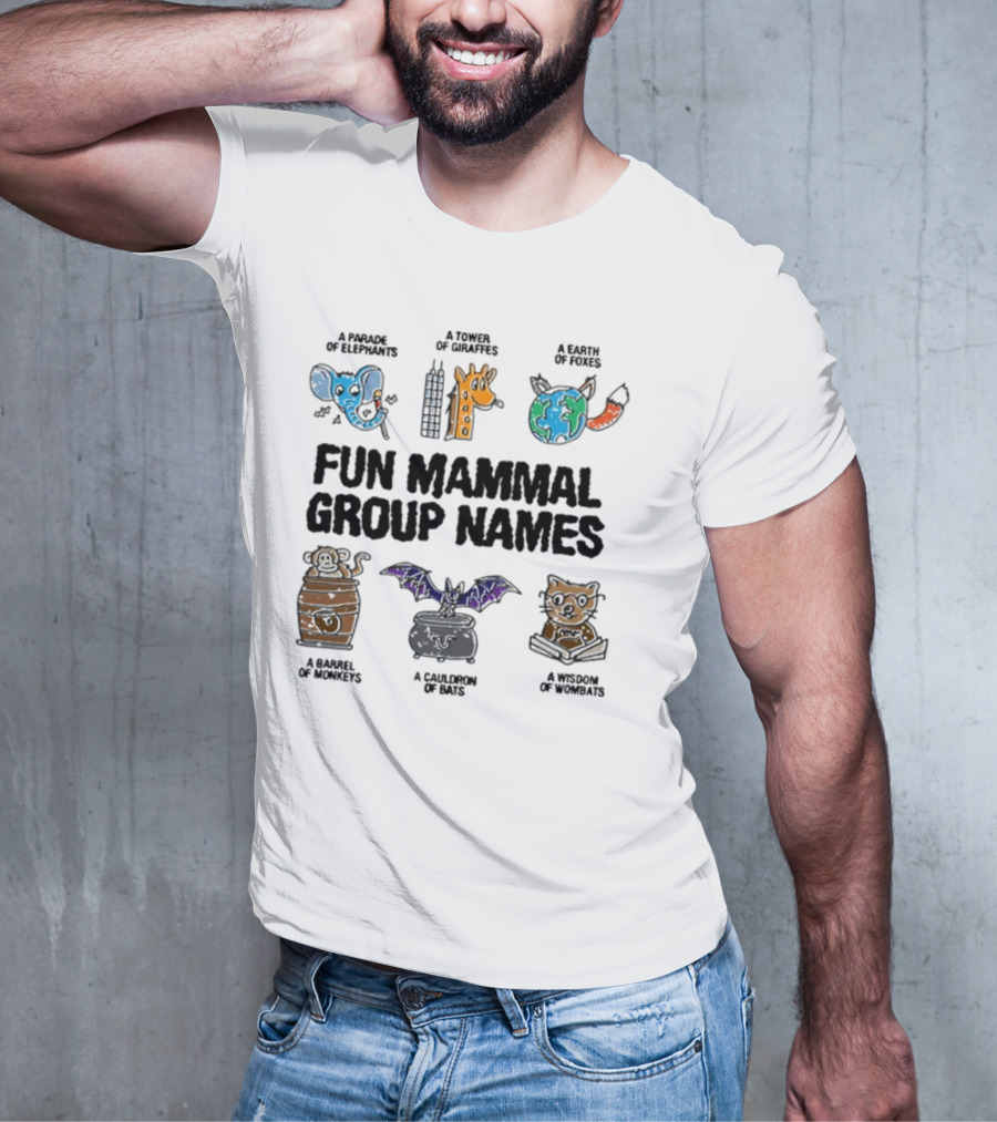 Fun Mammal Group Names Parade Elephants Tower Giraffes Earth Foxes Barrel Monkeys Cauldron Bats Wisdom Wombats T-Shirt