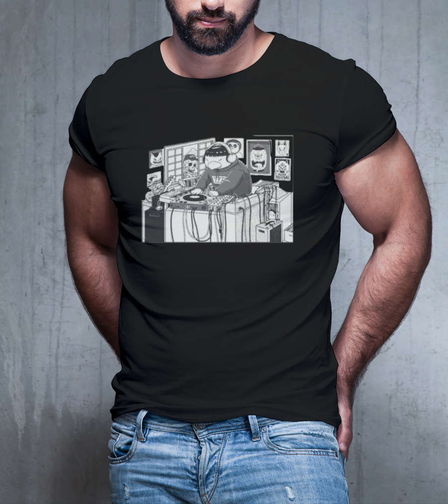 Yokai Beats DJ Mixing In Studio With Japanese Mask Collection T-Shirt