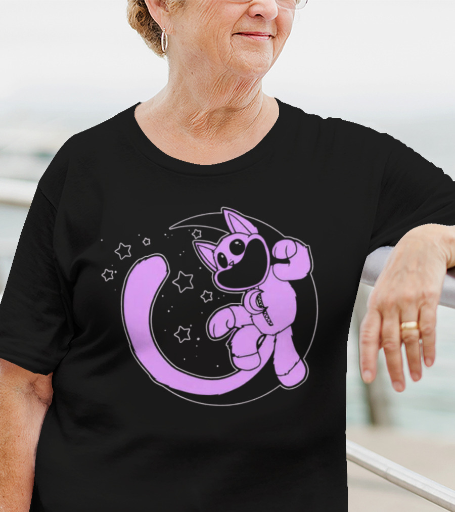 Purple Cartoon Cat With Stars And Moon T-Shirt