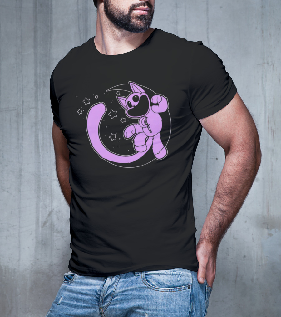 Purple Cartoon Cat With Stars And Moon T-Shirt