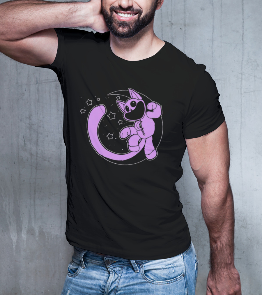 Purple Cartoon Cat With Stars And Moon T-Shirt